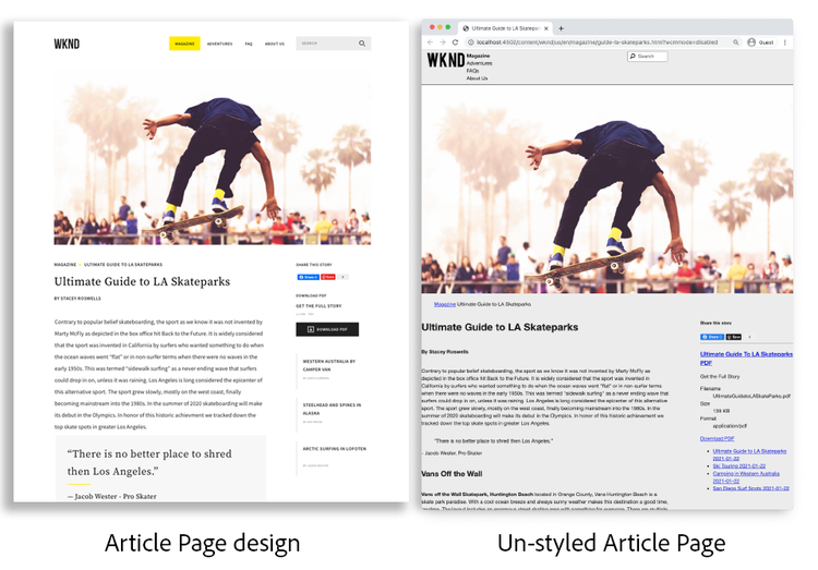 Diseño de página de artículo y versión sin estilo