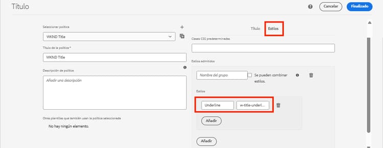 Configuración de la directiva de estilo para el título