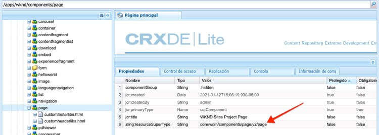 Propiedades del componente de página