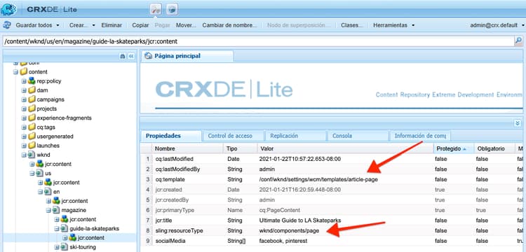 Propiedades del contenido JCR