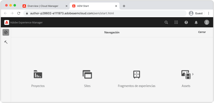 Pantalla de inicio de AEM