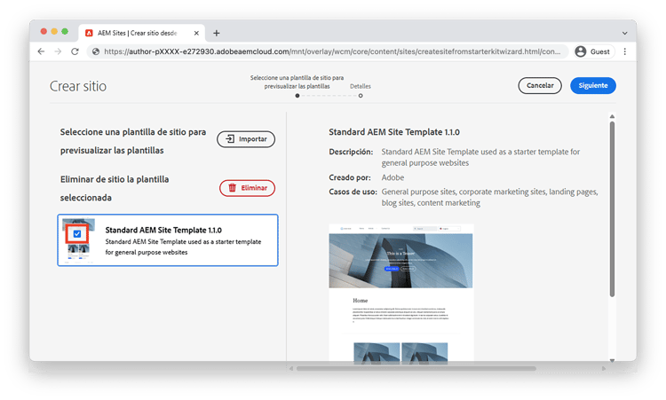 Seleccionar una plantilla de sitio