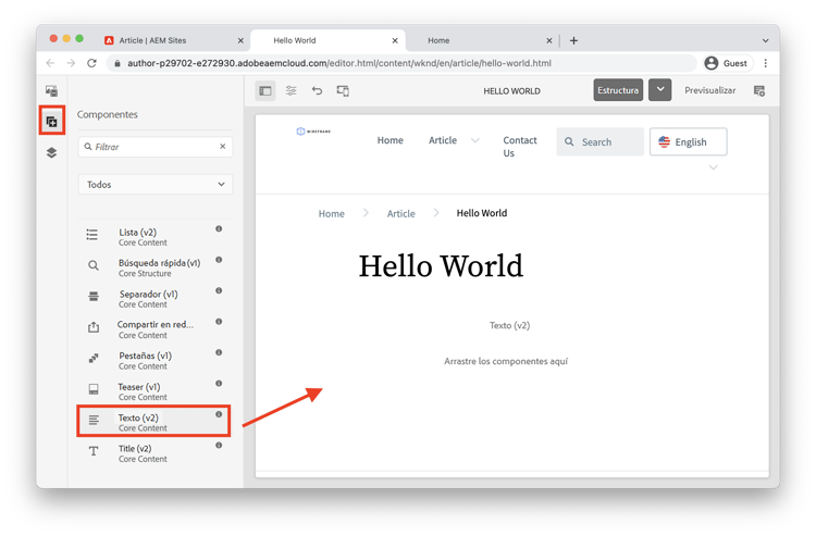 Arrastrar y soltar un componente de texto