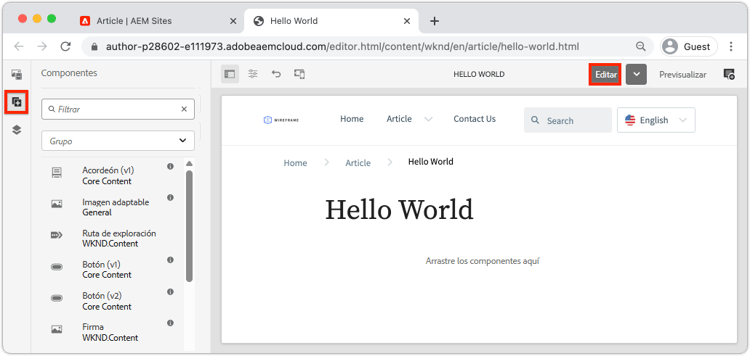 Carril lateral del Editor de páginas