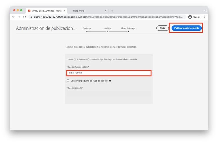 Publicación inicial del paso de flujo de trabajo