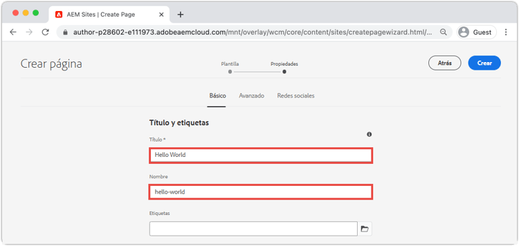 Propiedades de la página inicial