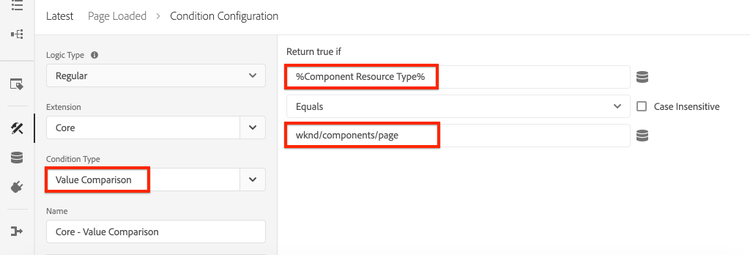 Configuración de condición para regla cargada en la página