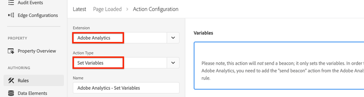 Establecer extensión de acción en variables de conjunto de Analytics