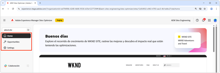 Navegación de Site Optimizer
