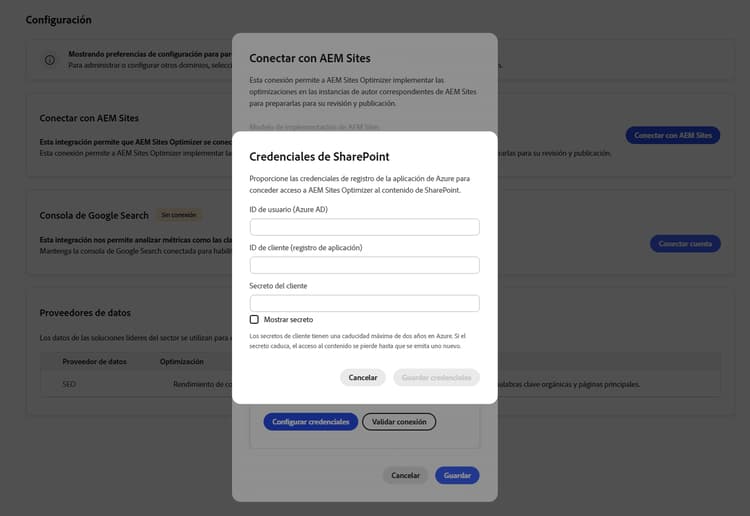Cuadro de diálogo Conectar con AEM Sites que muestra los campos de credenciales de SharePoint