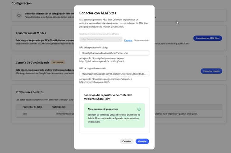 Cuadro de diálogo Conectar con AEM Sites en el que se muestra que no hay ninguna acción necesaria para el dominio de Adobe SharePoint