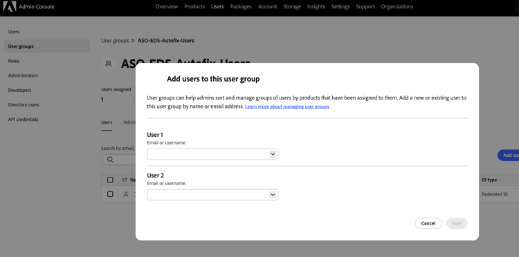 Agregar usuarios a este cuadro de diálogo de grupo de usuarios en Adobe Admin Console