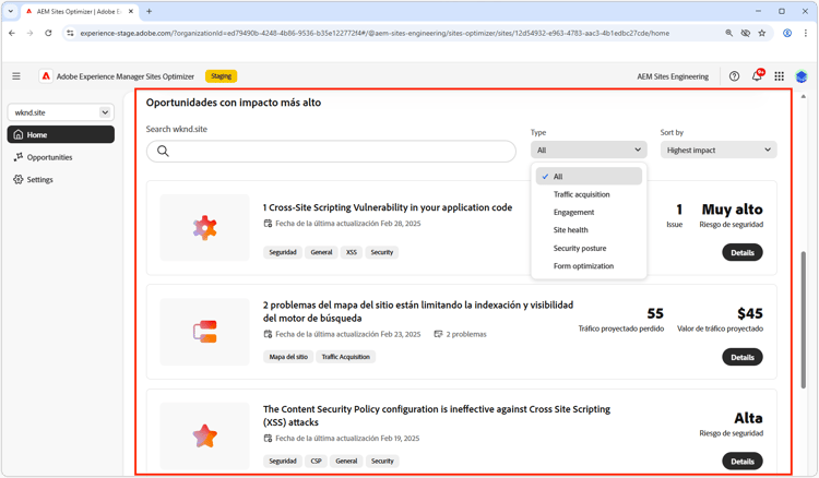 Oportunidades de alto impacto de Site Optimizer