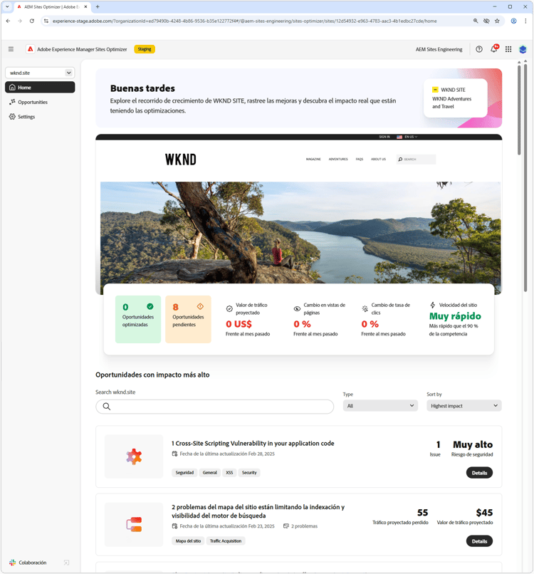 Página de inicio de Sites Optimizer