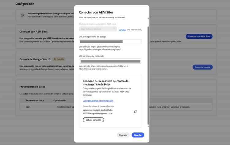 Cuadro de diálogo Conectar con AEM Sites que muestra la cuenta de servicio de Google Drive para compartir el acceso