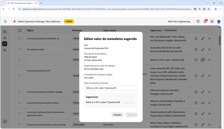 Editar metadatos no válidos o que faltan sugeridos