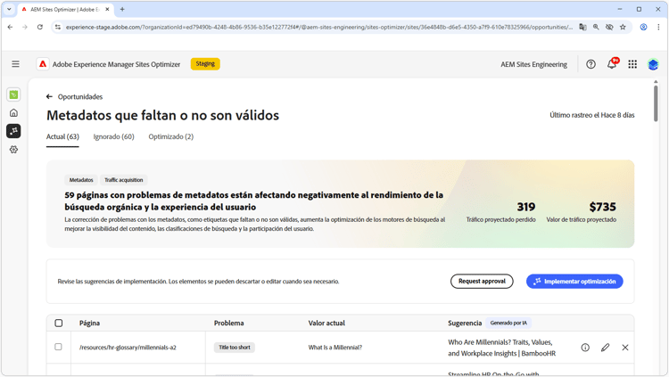 Oportunidad de metadatos que faltan o no son válidos