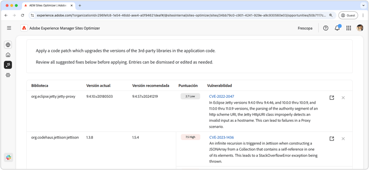 Sugerencia automática de vulnerabilidades del sitio web