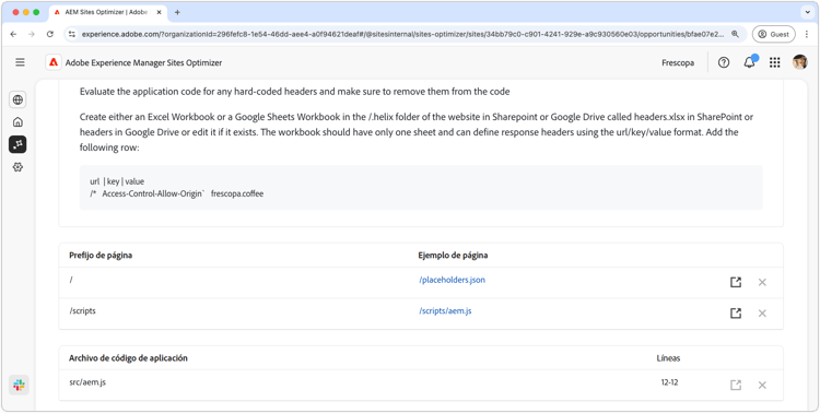 Sugerencia automática de la oportunidad de configuración de CORS