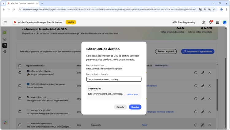 Editar URL sugerida de vínculos de retroceso rotos