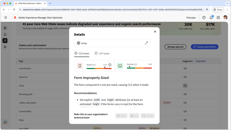 Sugerencia automática para la oportunidad de Core Web Vitals