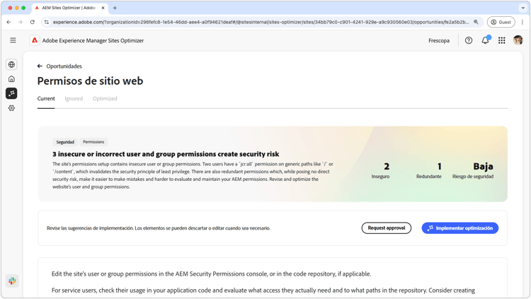 Oportunidad de permisos del sitio web