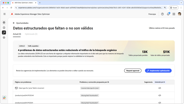 Oportunidad de datos estructurados que faltan o no son válidos