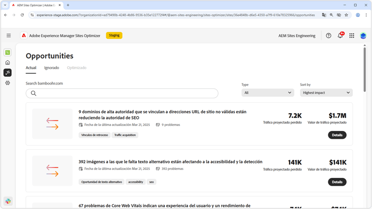 Oportunidades de Sites Optimizer