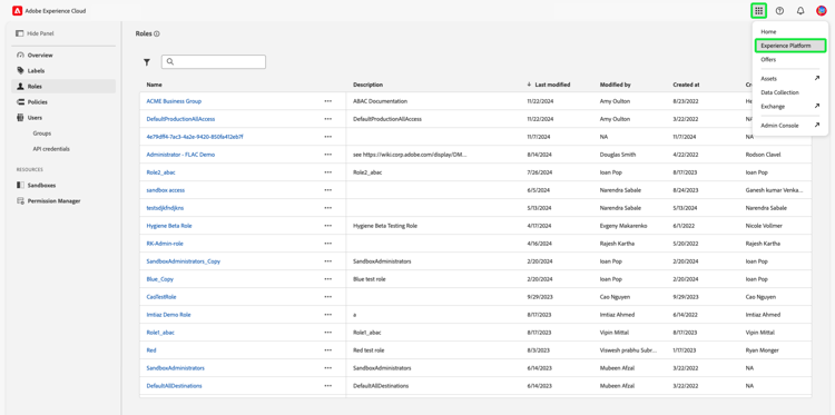 Imagen que muestra el Experience Platform seleccionado en el menú desplegable del conmutador de aplicaciones