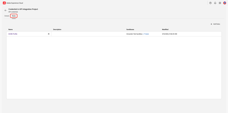 Área de trabajo de funciones de una credencial de API.