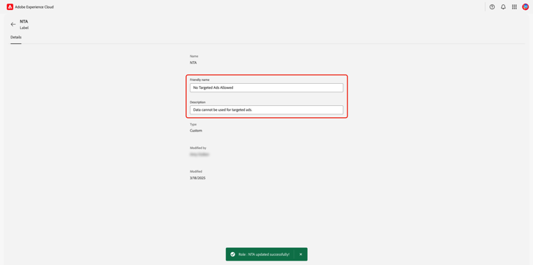 Página de detalles de la etiqueta con un mensaje "actualizado correctamente".