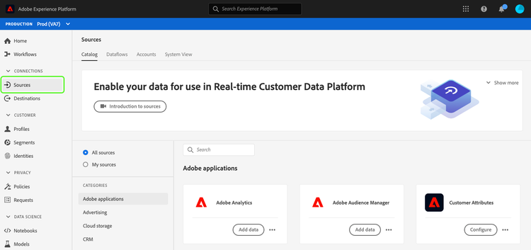 El Experience Platform deja la navegación con Fuentes seleccionadas.