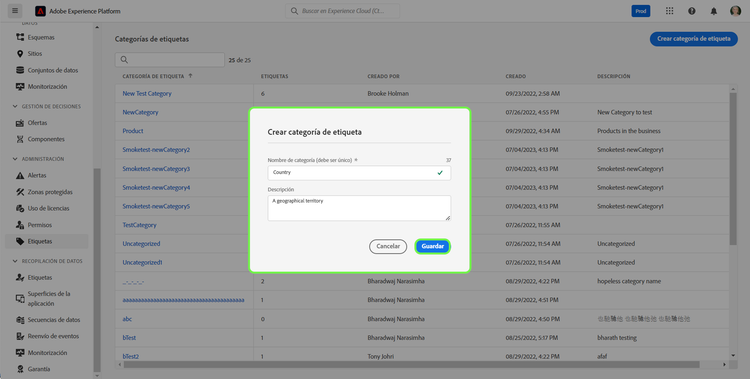 Cuadro de diálogo Crear categoría de etiqueta