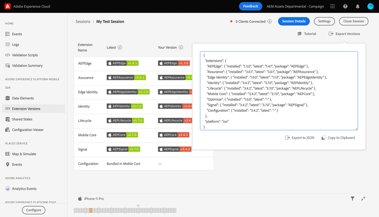 Vista de versiones de las extensiones | Adobe Experience Platform