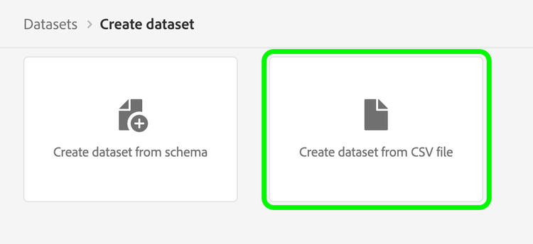 El botón Crear conjunto de datos a partir de archivo CSV está resaltado.