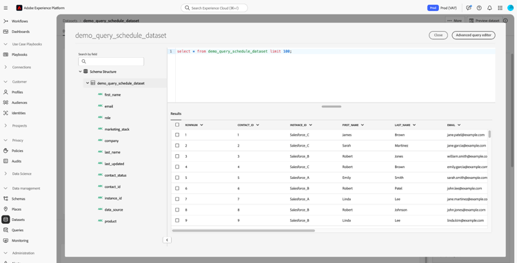 Se muestra el cuadro de diálogo de vista previa del conjunto de datos con información sobre la estructura y los valores de muestra del conjunto de datos.