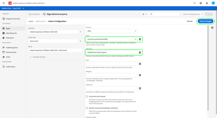 Configuración de acción