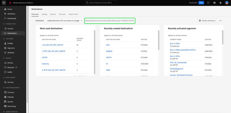 Información general sobre los destinos de la interfaz de usuario de Platform con la instantánea más reciente resaltada.