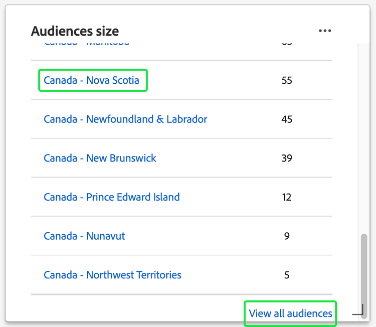 Widget de tamaño de audiencias con un nombre de audiencia y el texto de Ver todas las audiencias resaltado.