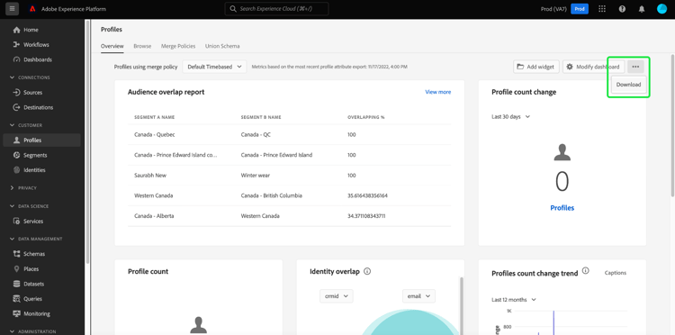 Panel de perfiles de Experience Platform con los puntos suspensivos y la lista desplegable de descarga resaltados.