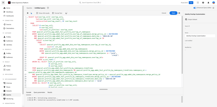 El editor de consultas con el SQL de perspectiva elegido ya se ha completado.