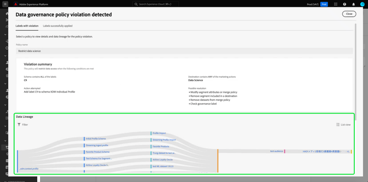 Cuadro de diálogo de infracción de directiva con el gráfico de linaje de datos resaltado.