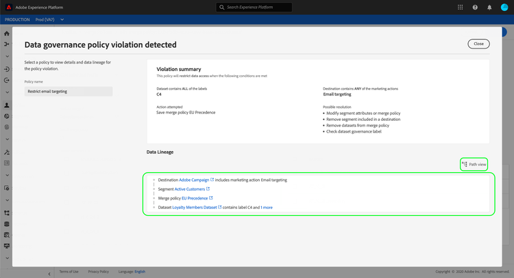 Cuadro de diálogo de infracción de directiva con la vista de ruta de linaje de datos resaltada.