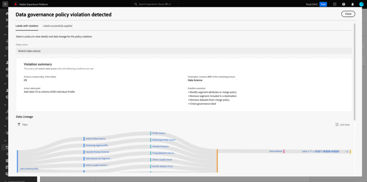 Se ha detectado una infracción de directiva de gobernanza de datos en el cuadro de diálogo con el resumen de la infracción y el diagrama de linaje de datos resaltados.