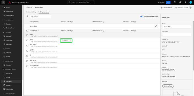 Pestaña Control de datos del área de trabajo Conjuntos de datos con una etiqueta eliminable resaltada.