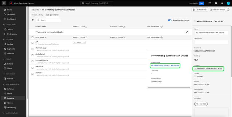 La pestaña Control de datos del espacio de trabajo Conjuntos de datos con el nombre del esquema en la barra lateral y el vínculo de diálogo resaltado.