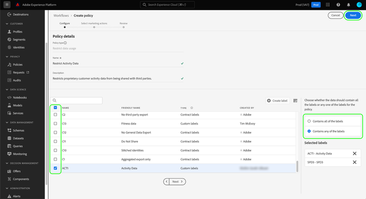 Imagen que muestra la configuración básica de la directiva completada en la IU