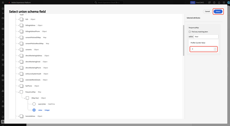 Barra lateral de atributos seleccionados con las opciones de configuración de asignación resaltadas.