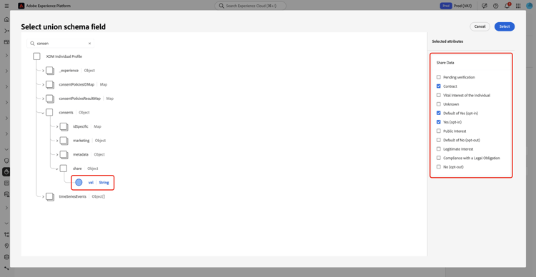 Se resaltó el cuadro de diálogo Seleccionar campo de esquema de unión con un campo de diagrama de esquema y las casillas de verificación de valor fijo disponibles.