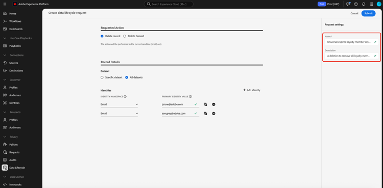 Los campos Nombre y Descripción de la configuración de la solicitud con Enviar resaltados.